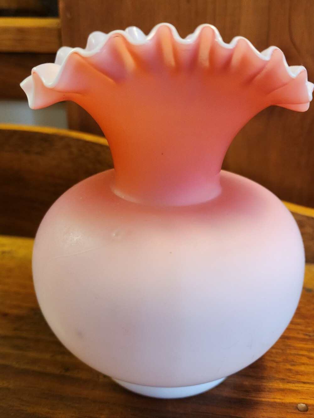 Vase Satin Cranberry Pink Opalescent Glass Ruffle Top 5" Art Glass Hand Blown